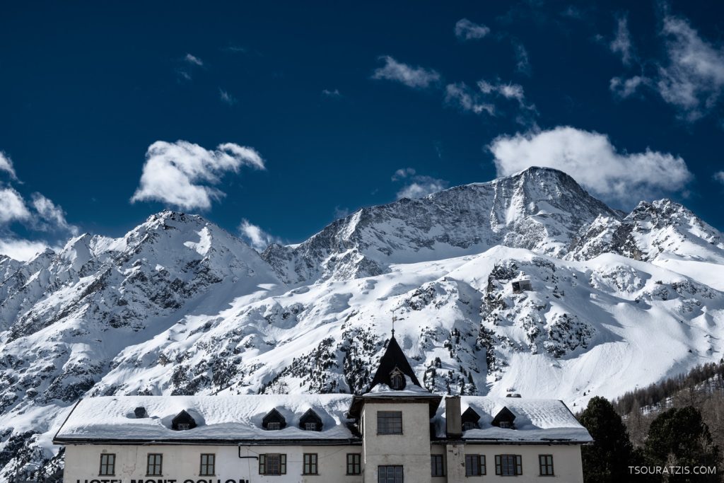 Arriving at Arolla ski station Valais Swiss Alps Switzerland