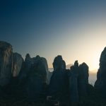 Meteora geological rock formations sunset