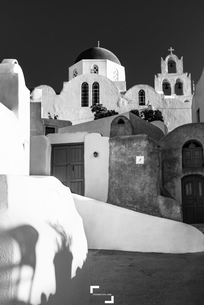 Pyrgos village shadows traditional church Santorini island