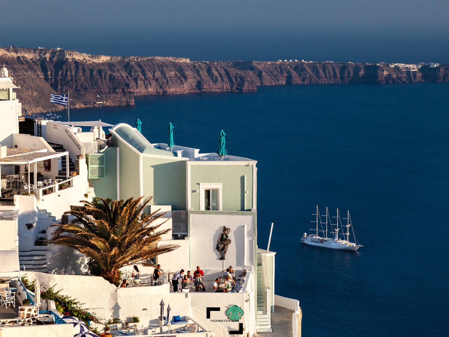 Santorini island photos view to caldera sailing boat