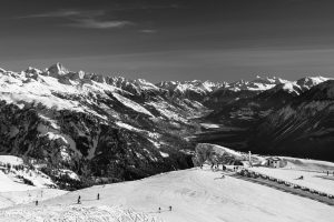 Anzère ski station rhone valley swiss alps bw