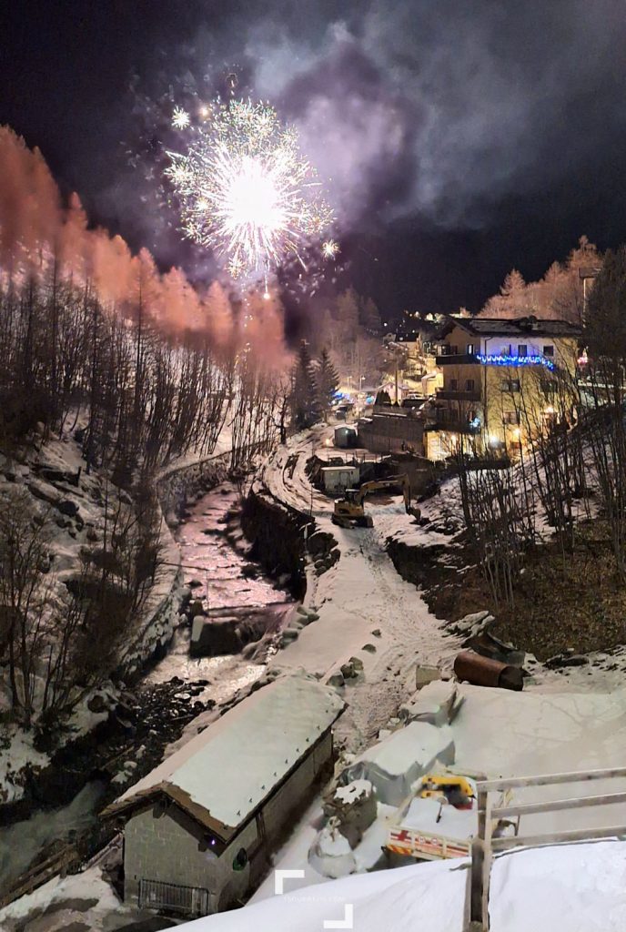 Fireworks at the village of Valtourneche, New Year's celebrations, Italian Alps