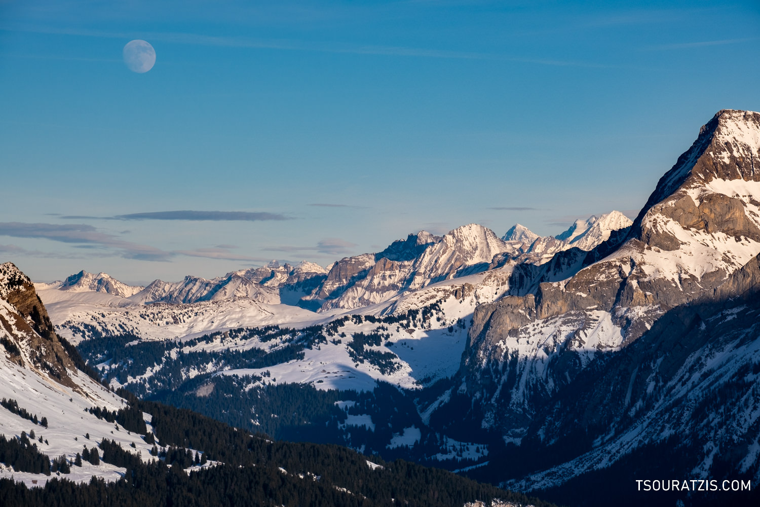 Moon rise Les Diablerets ski station Swiss Alps 