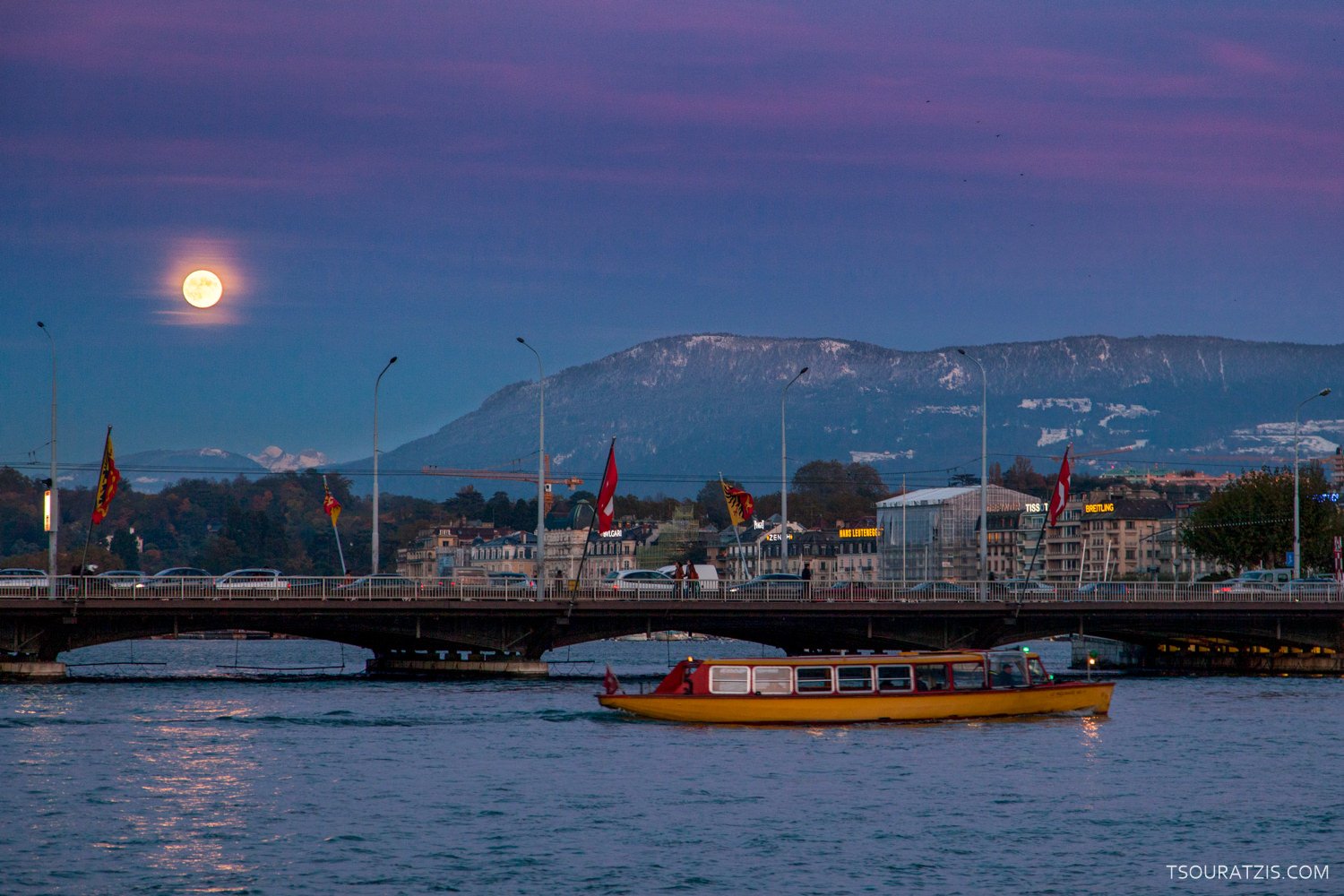Geneva Switzerland full moon night mont blanc bridge