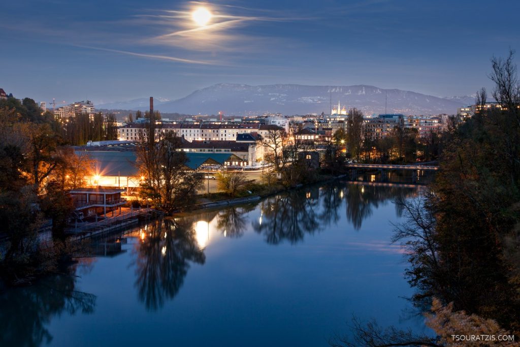 Geneva Switzerland full moon night river Rhone