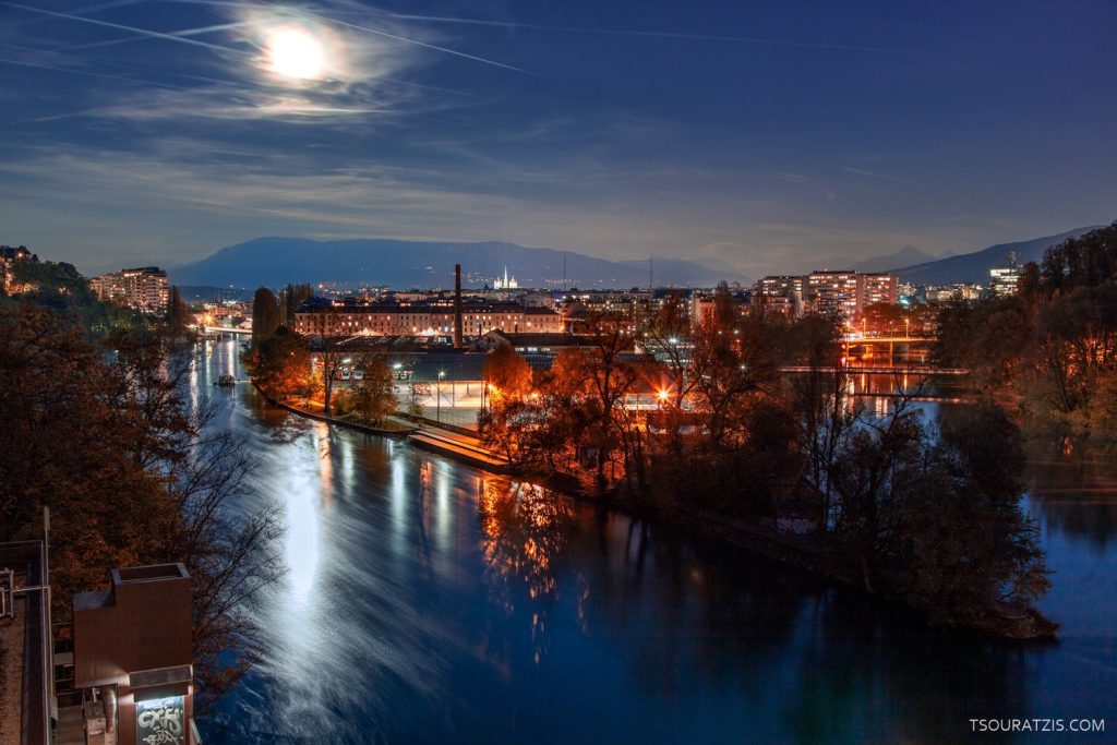 Geneva Switzerland full moon night city view in Jonction area