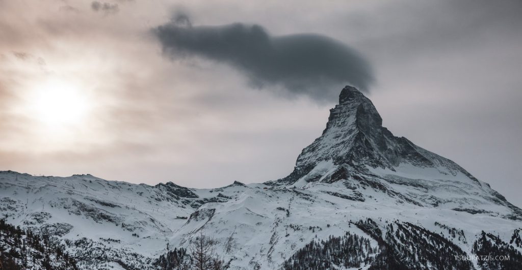 Matterhorn ( Cervin in french ) mountain peak over Zermatt ski resort in Valais or Wallis in swiss german, in the Swiss Alps