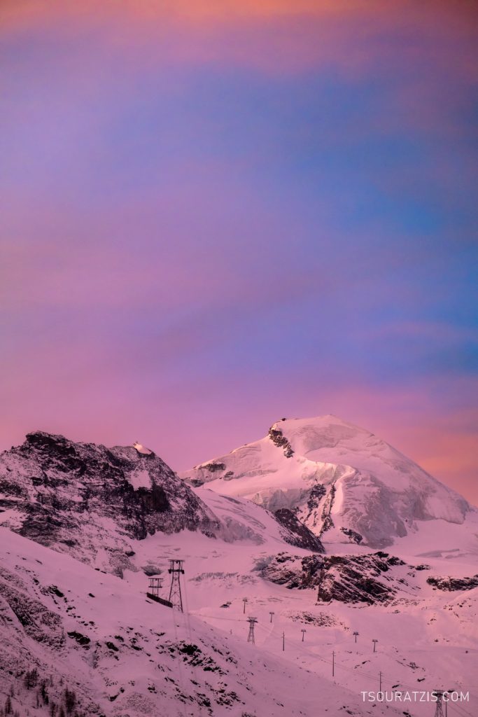 Allalinhorn mountain at 4,027 meters, dressed in sunrise colors 