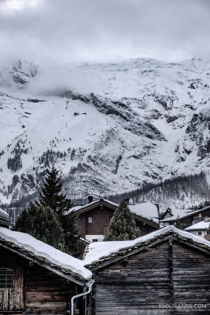 Saas-Fee village and parts of its ski station in the Pennine Alps