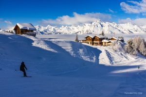 Skier in 4 Vallees ski resort Veysonnaz, Valais canton, Swiss Alps