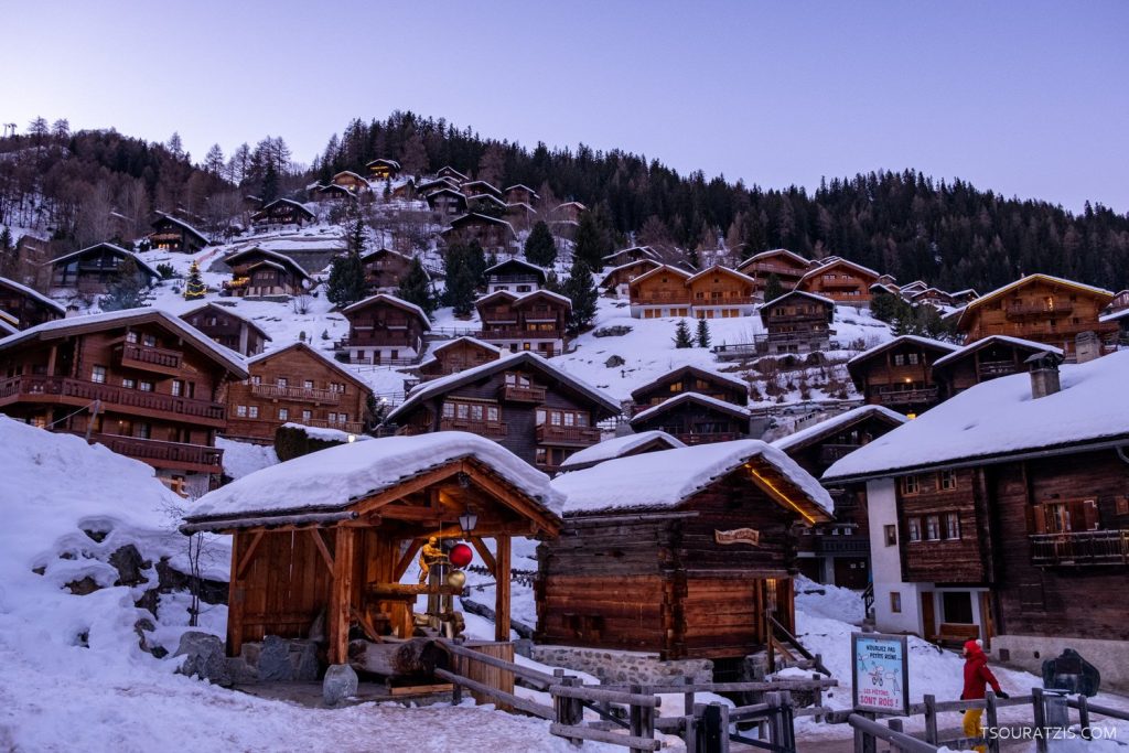 Grimentz village in Valais canton and the Swiss Alps in Val d' Anniviers