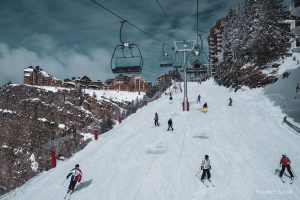 skiers in Avoriaz ski resort French Alps France