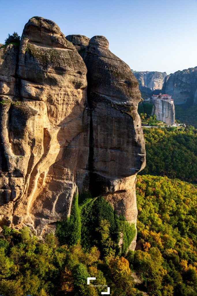 Meteora impressive rock formations and the Greek orthodox monastery of Agios Stefanos in the background